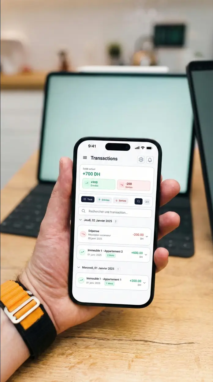 Main tenant un iPhone affichant l'application SyndicApp avec le tableau de bord des transactions et contributions de la résidence