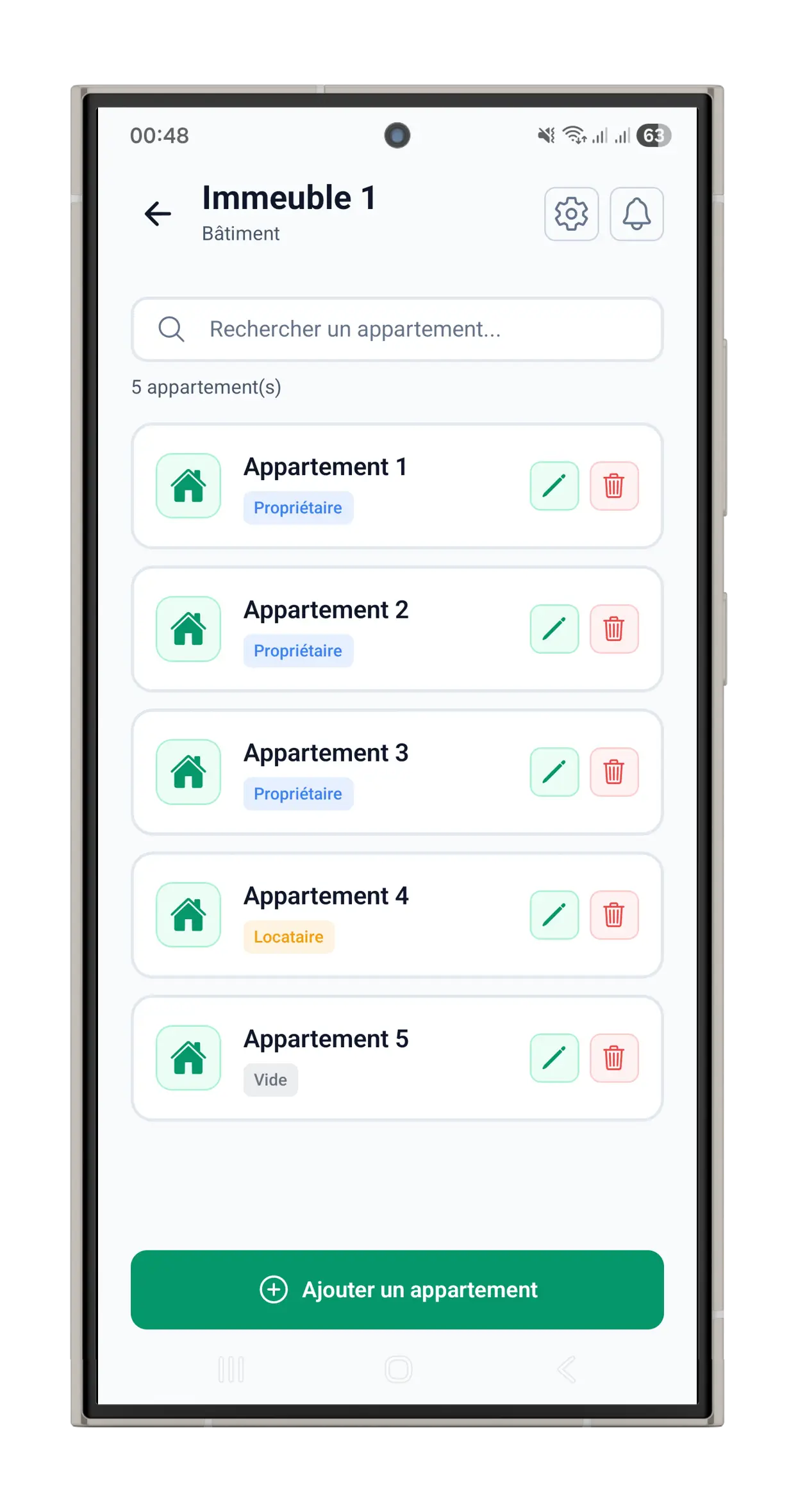Capture d'écran de l'application SyndicApp présentant la liste des immeubles et appartements de la résidence avec leur statut