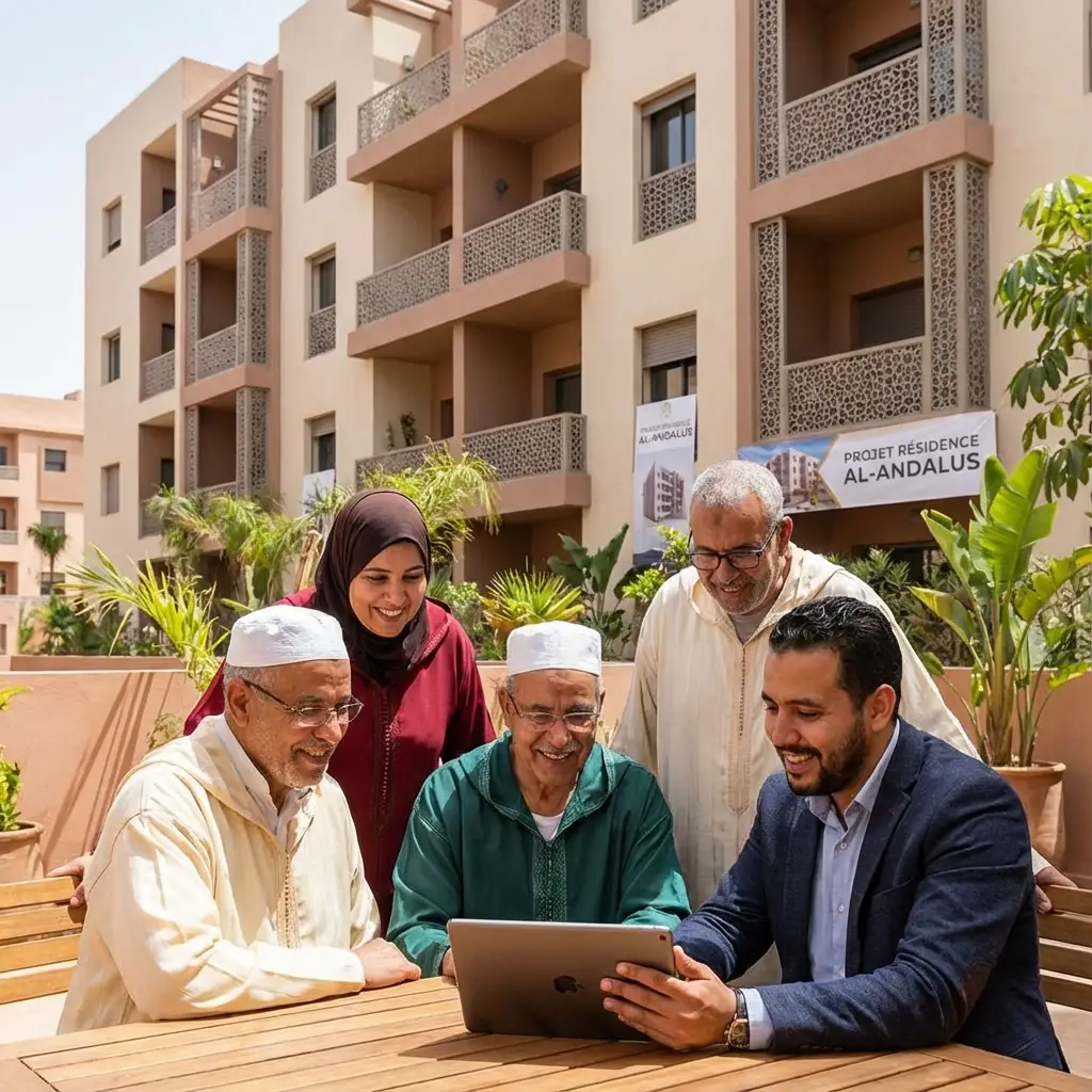 Résidents et syndic d'une copropriété marocaine utilisant l'application SyndicApp sur smartphone pour consulter les finances et la gestion de leur résidence
