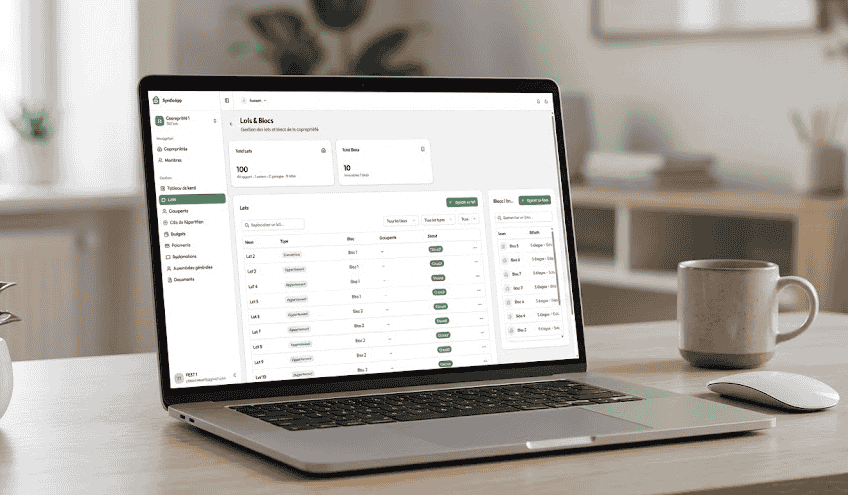 Interface web du syndic montrant le tableau de bord global